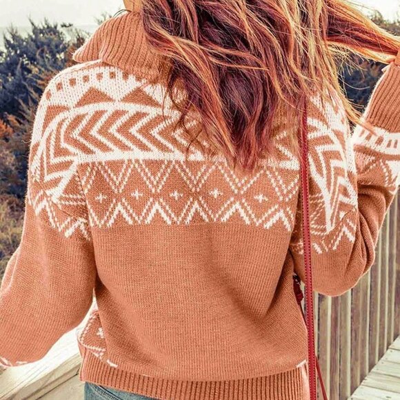 Pink Casual Womens Geo Pattern Half Zip Drop Shoulder Sweater - Picture 2 of 5